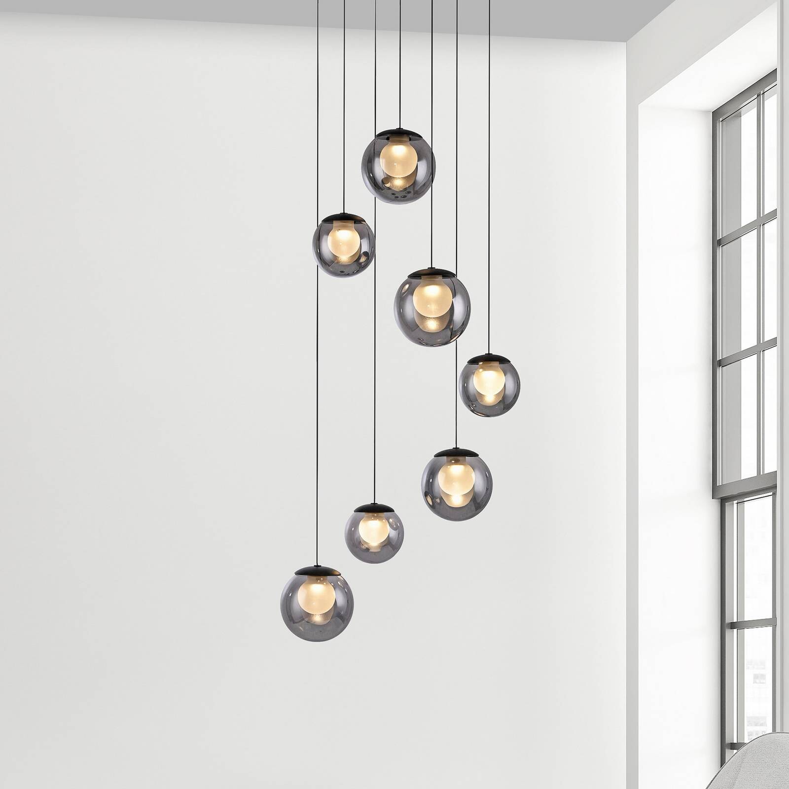 PURE LED závesné svietidlo Popup, sivá/dymovo sivá, Ø 40 cm, 7-pl.