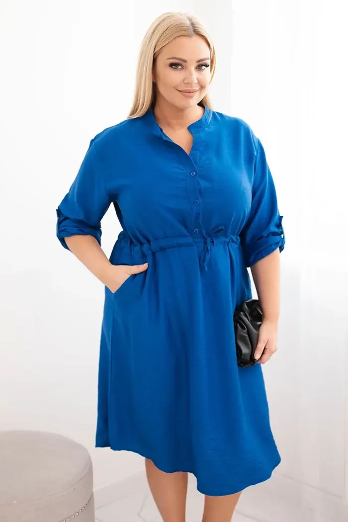 Kesi Włoski Plus Size women's dress made of viscose with buttons and a waist tie cornflower blue