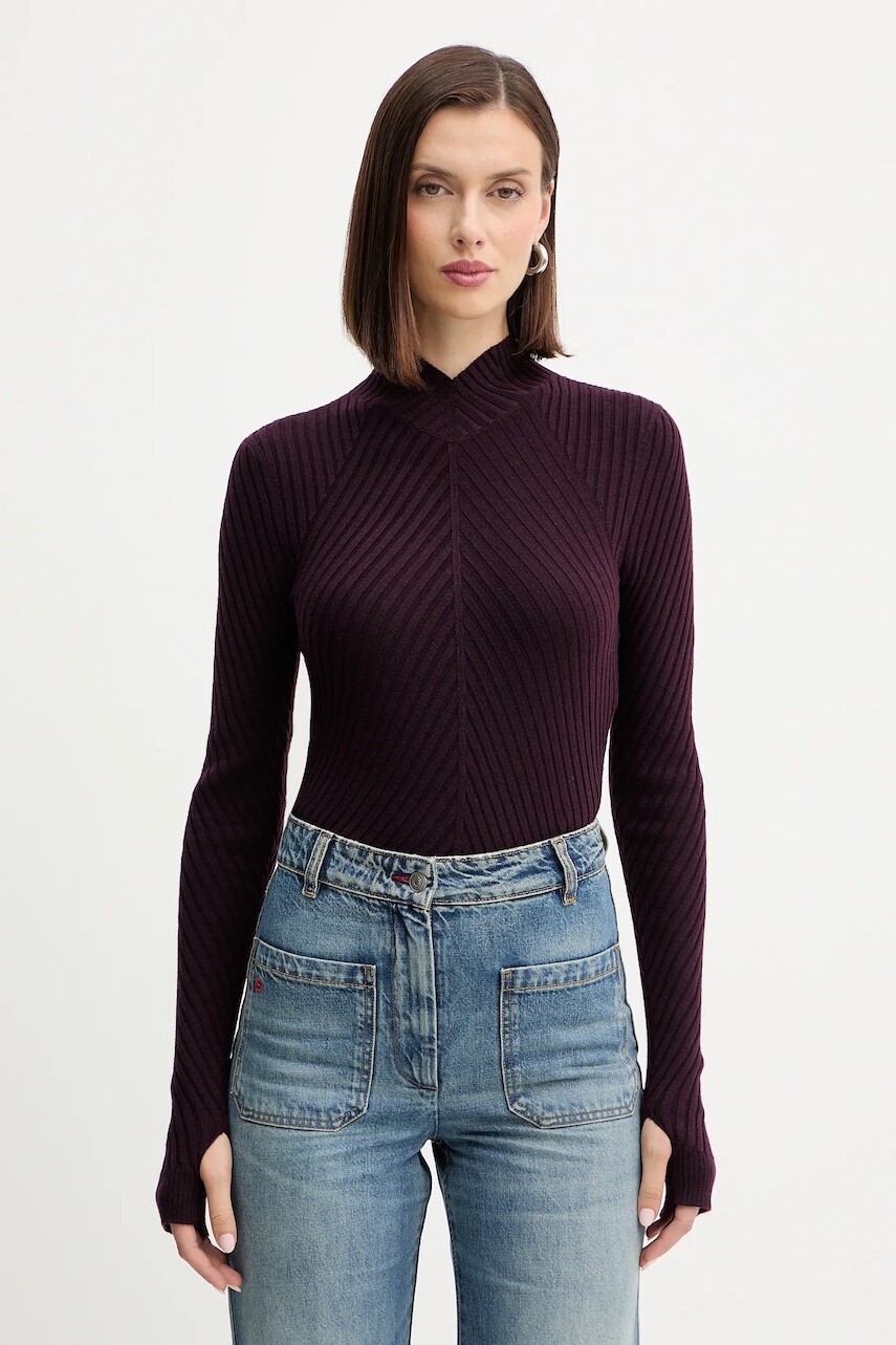 Vlnený sveter Victoria Beckham bordová farba, ľahký, s polorolákom, 1425KTP006804A