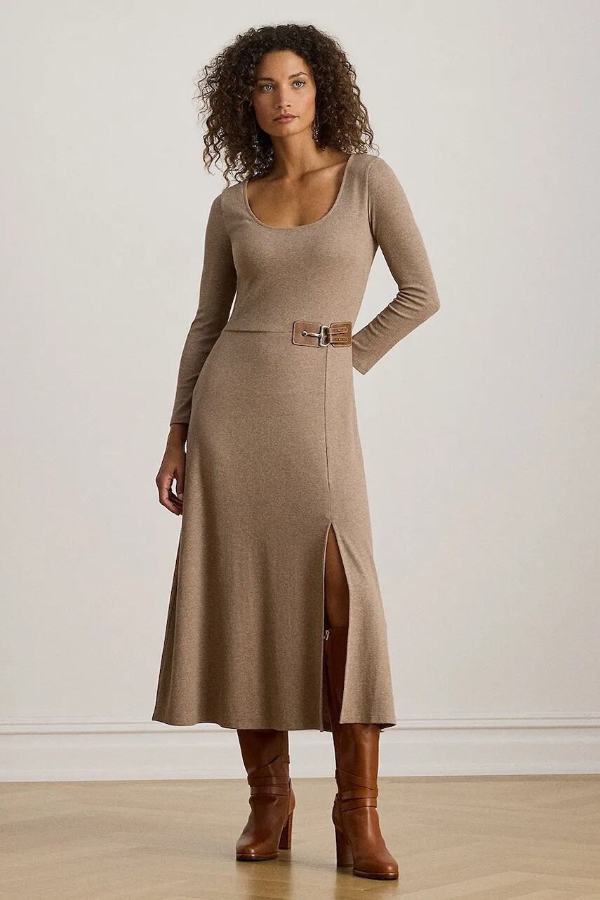 Šaty Lauren Ralph Lauren béžová farba, midi, áčkový strih, 200980038