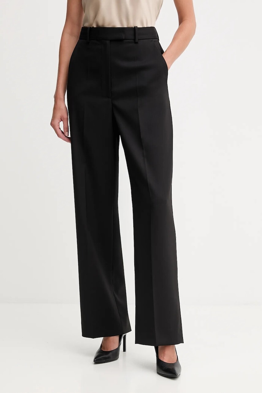 Vlnené nohavice Tommy Hilfiger čierna farba, rovný strih, vysoký pás, WW0WW48362