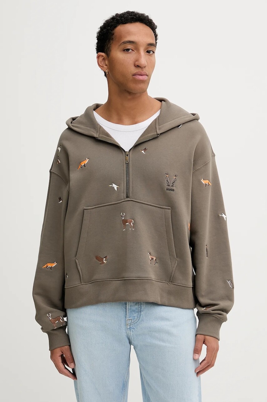 Bavlnená mikina HUGO hnedá farba, s kapucňou, s nášivkou, 50549136