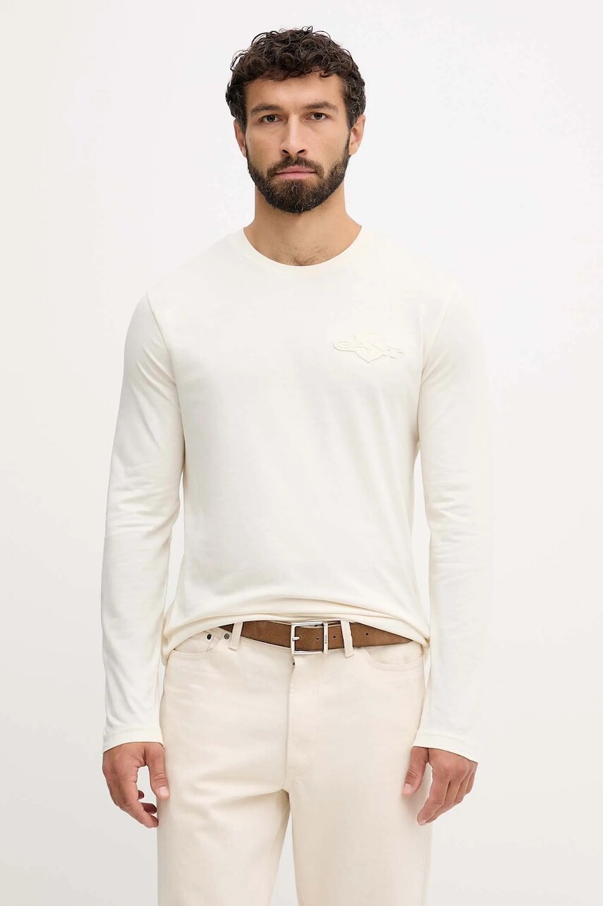 Bavlnené tričko s dlhým rukávom Gant béžová farba, jednofarebné, 2003369