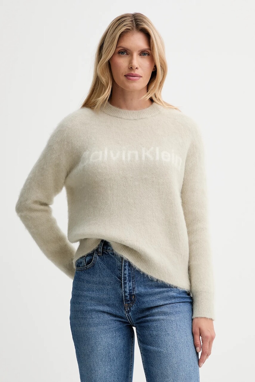 Sveter s prímesou vlny Calvin Klein béžová farba, teplé, LV044D359G