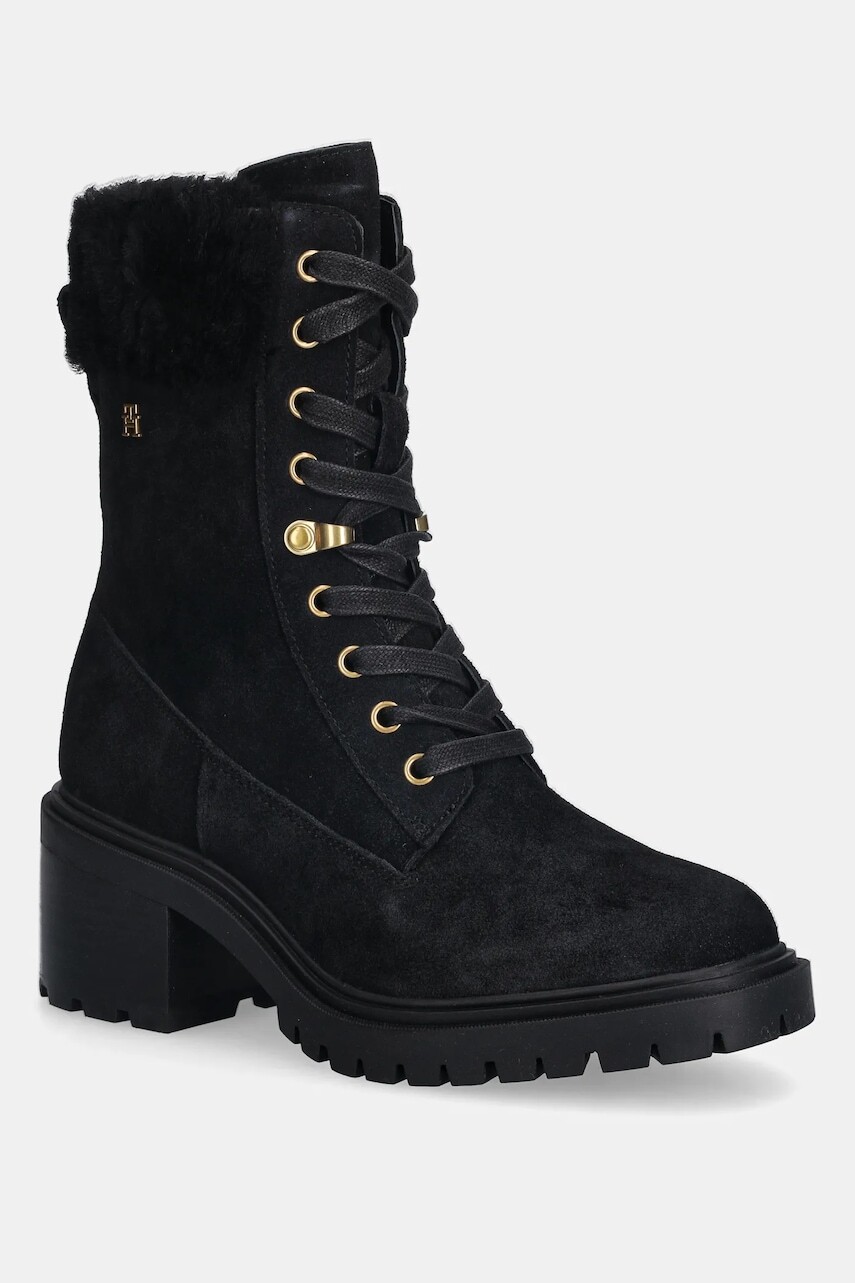 Semišové topánky Tommy Hilfiger TH SHEARLING LACE UP BOOT čierna farba, na podpätku, jemne zateplené, FW0FW08999