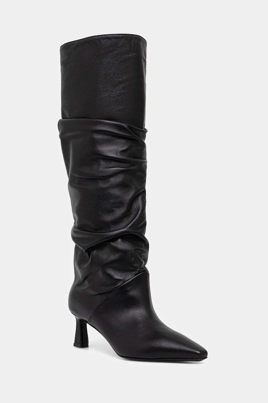 Kožené čižmy Pollini čierna farba, na vysokom podpätku, SA26115M0NTE0000