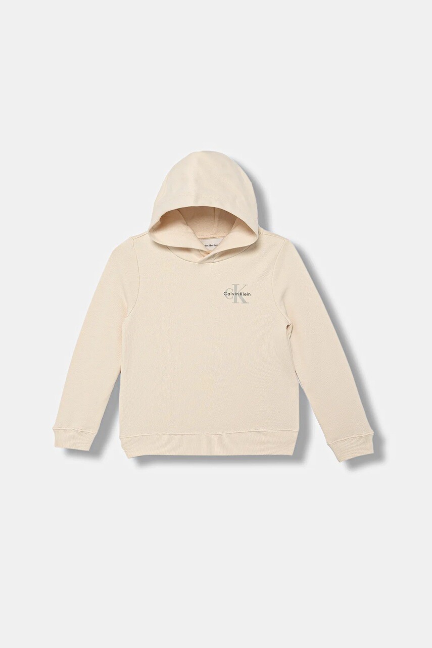 Detská bavlnená mikina Calvin Klein Jeans béžová farba, s kapucňou, s potlačou, IU0IU00712