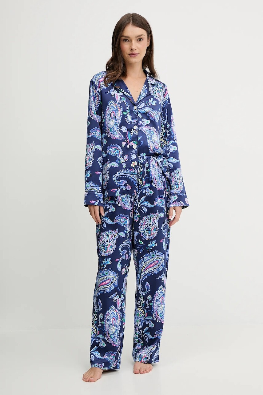 Pyžamo Lauren Ralph Lauren dámske, modrá farba, saténové, ILN92480
