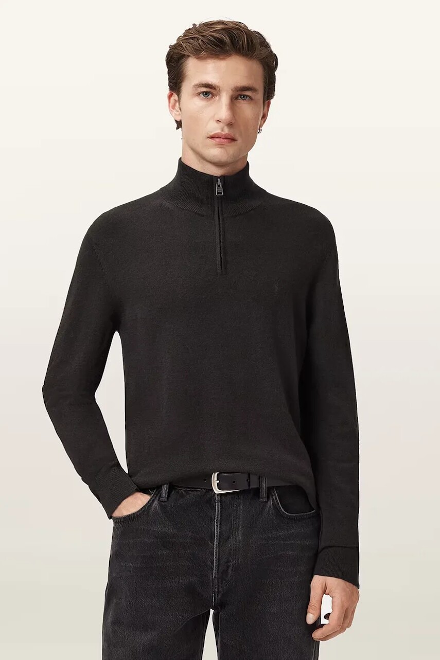 Sveter s prímesou vlny AllSaints KILBURN bordová farba, s polorolákom, M068KD