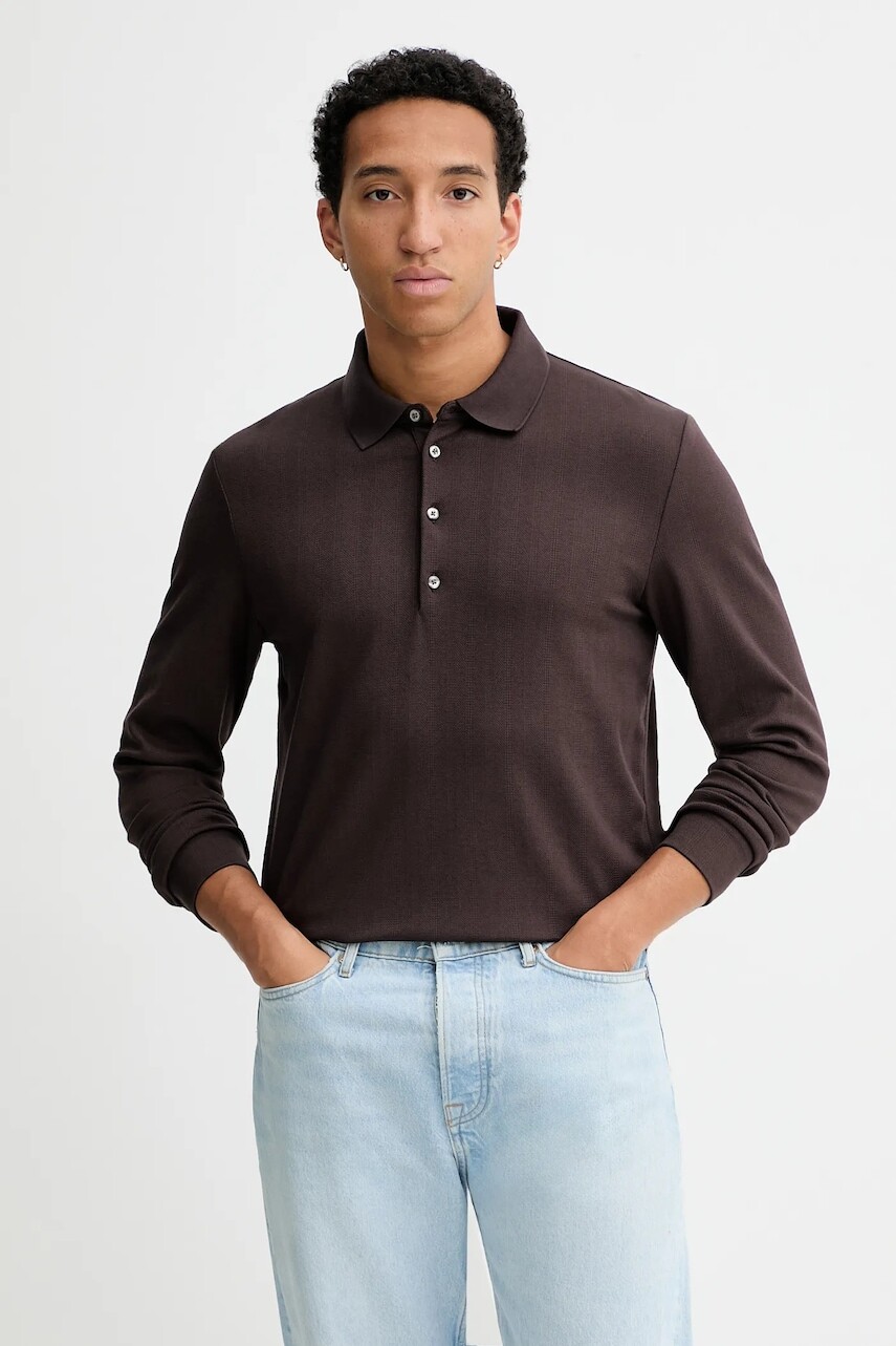 Tričko s dlhým rukávom s prímesou vlny Calvin Klein hnedá farba, LV04LD214G