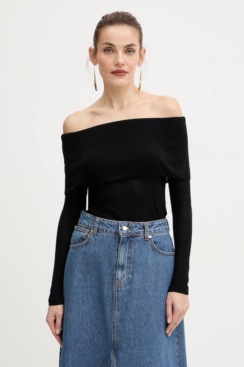 Tričko s dlhým rukávom Guess MELANIE čierna farba, španielsky výstrih, W5BR48 Z0612