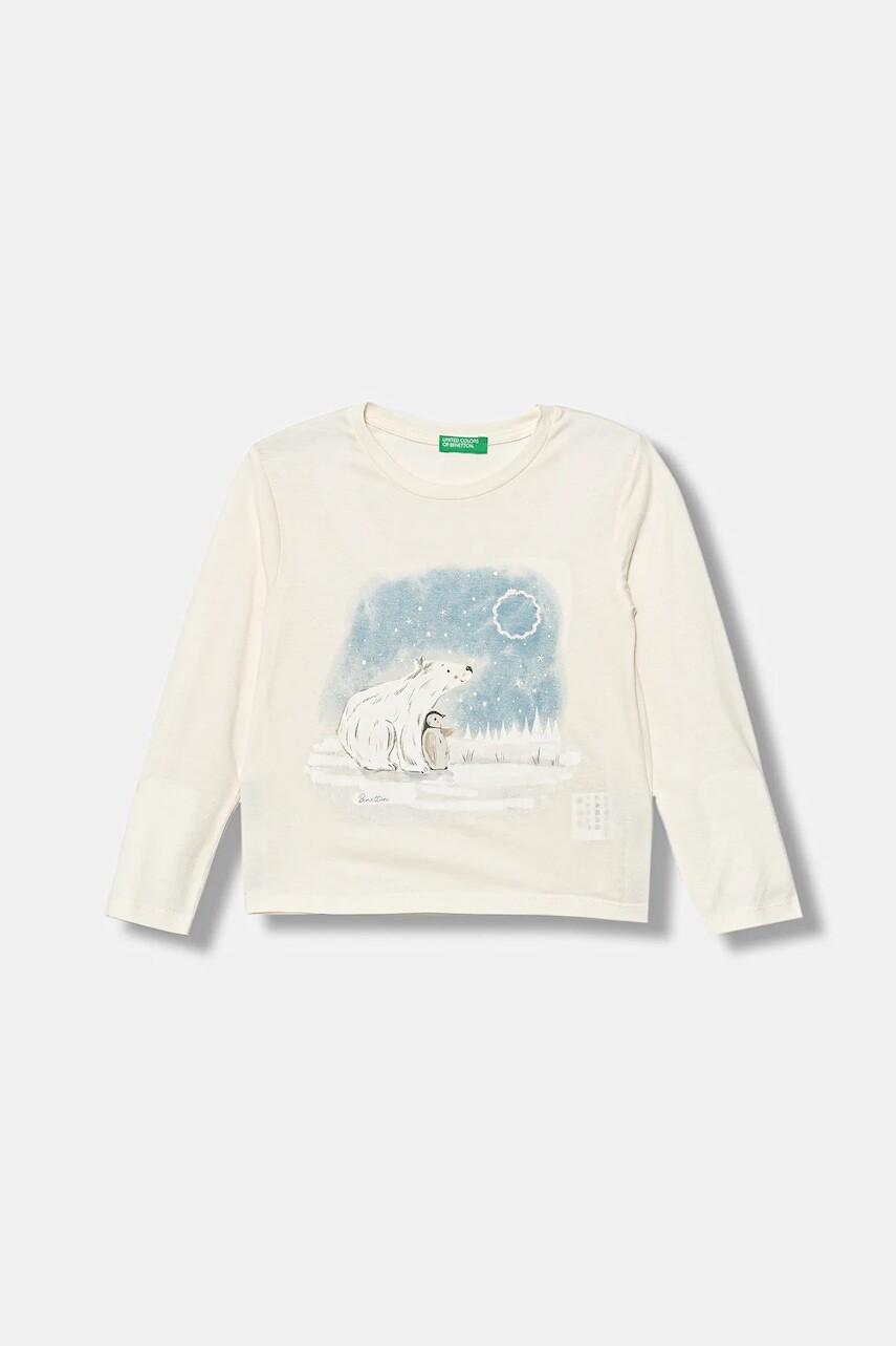 Detská bavlnená košeľa s dlhým rukávom United Colors of Benetton béžová farba, s potlačou, 3ATNG10L9