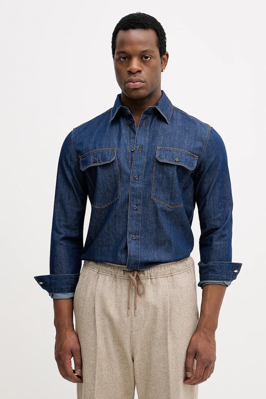 Rifľová košeľa Sisley modrá farba, regular, s klasickým golierom, 51WVSQ04V