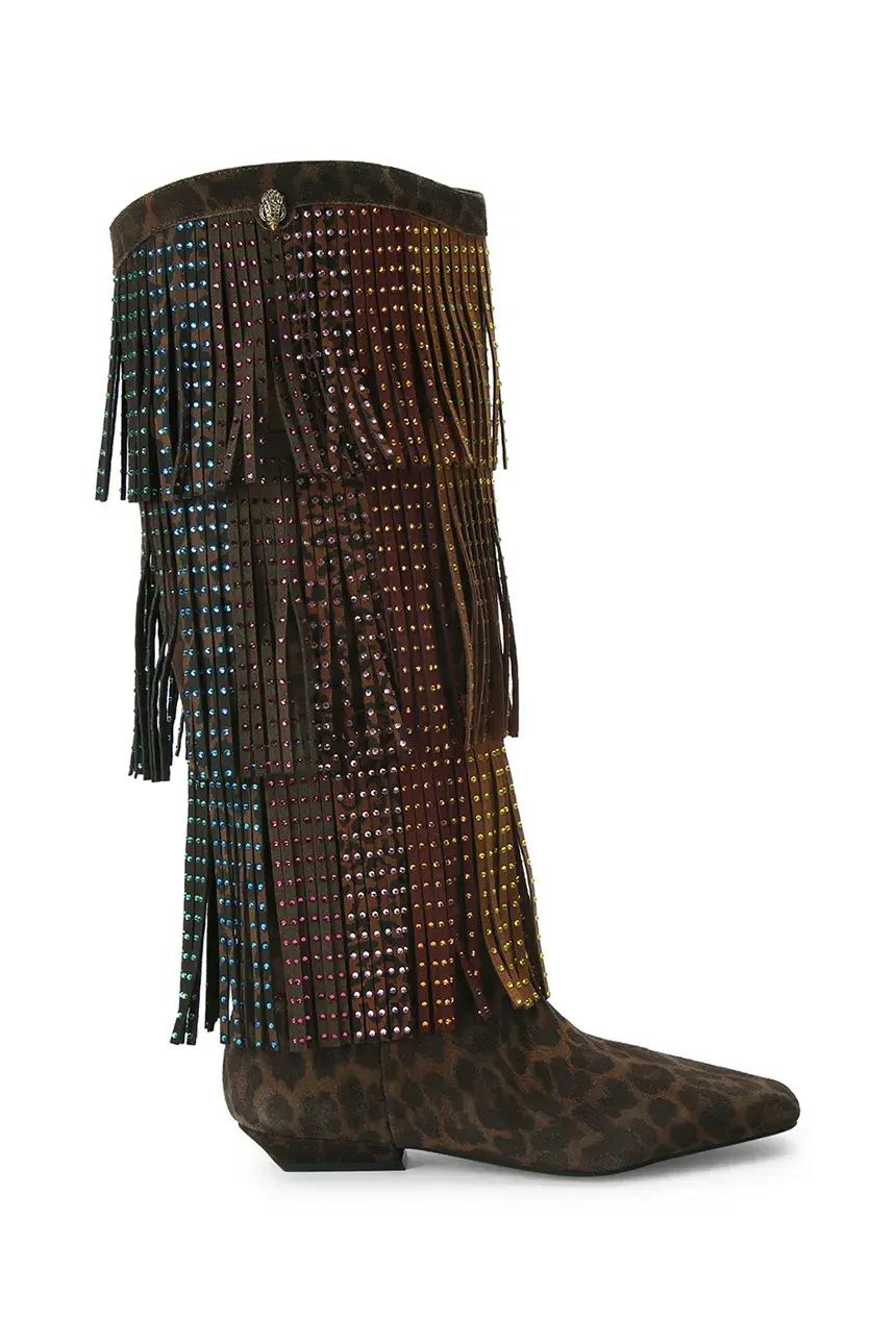 Semišové čižmy Kurt Geiger London Western Fringe Pull On hnedá farba, na nízkom podpätku, 5030035289