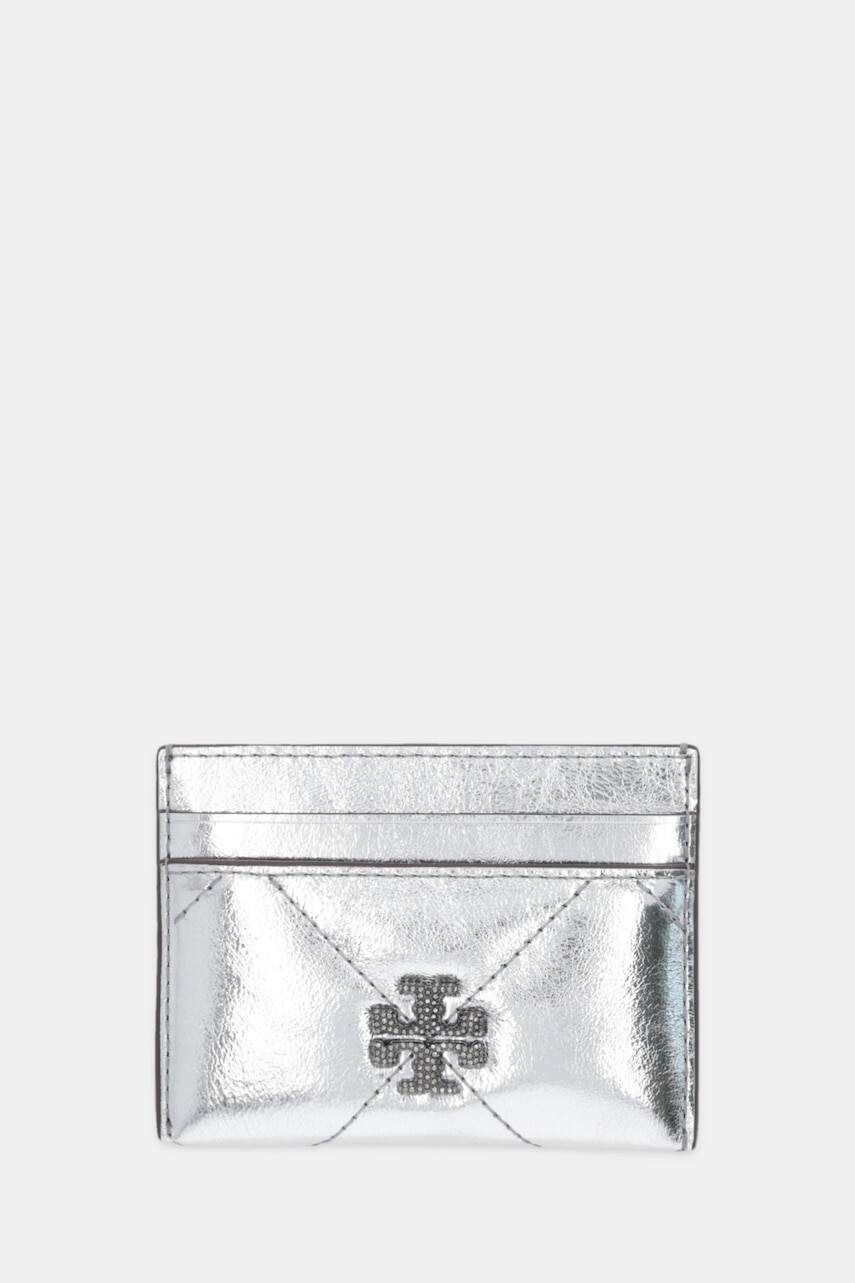 Kožené puzdro na karty Tory Burch Kira Diamond strieborná farba, 175016-040