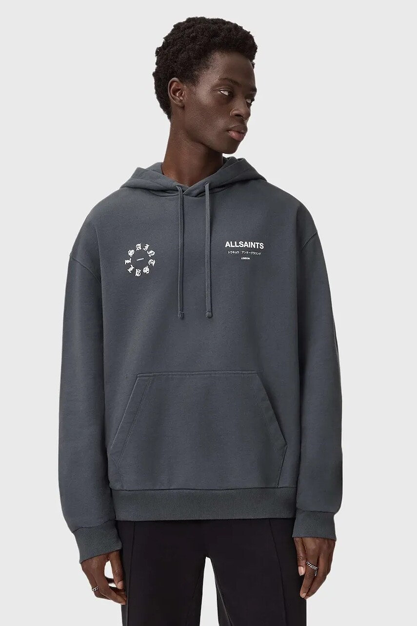 Bavlnená mikina AllSaints čierna farba, s kapucňou, vzorovaná, M018ND
