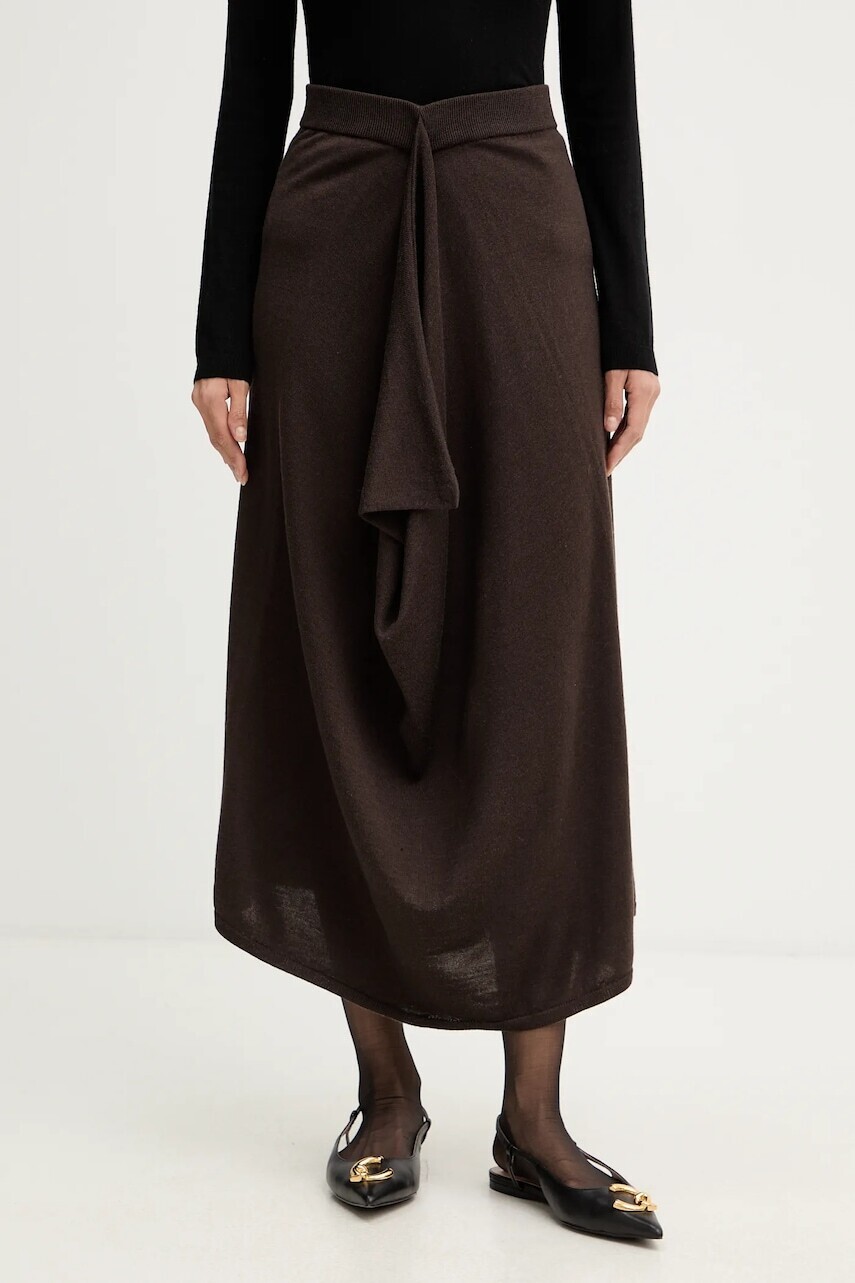 Vlnená sukňa Liviana Conti hnedá farba, midi, rovný strih, L5WA28