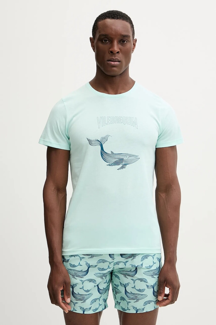 Bavlnené tričko Vilebrequin THOM pánske, tyrkysová farba, vzorované, THODP307