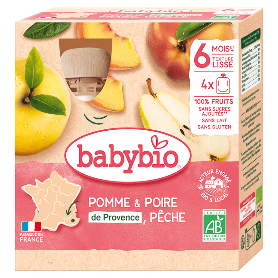 BABYBIO Jablko s hruškou a broskýň 6m+ 4 x 90 g