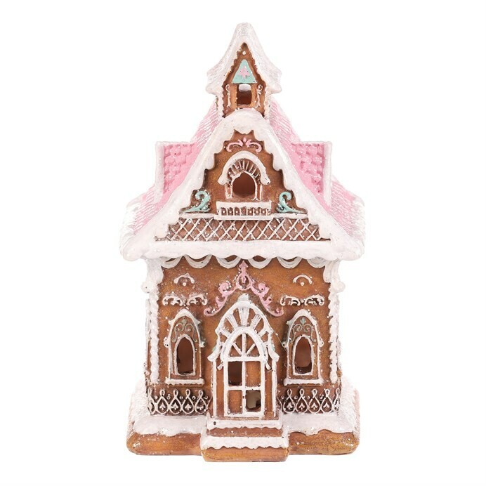 Vianočná dekorácia Perníková chalúpka s ružovou strechou, polyresin, LED, hnedá