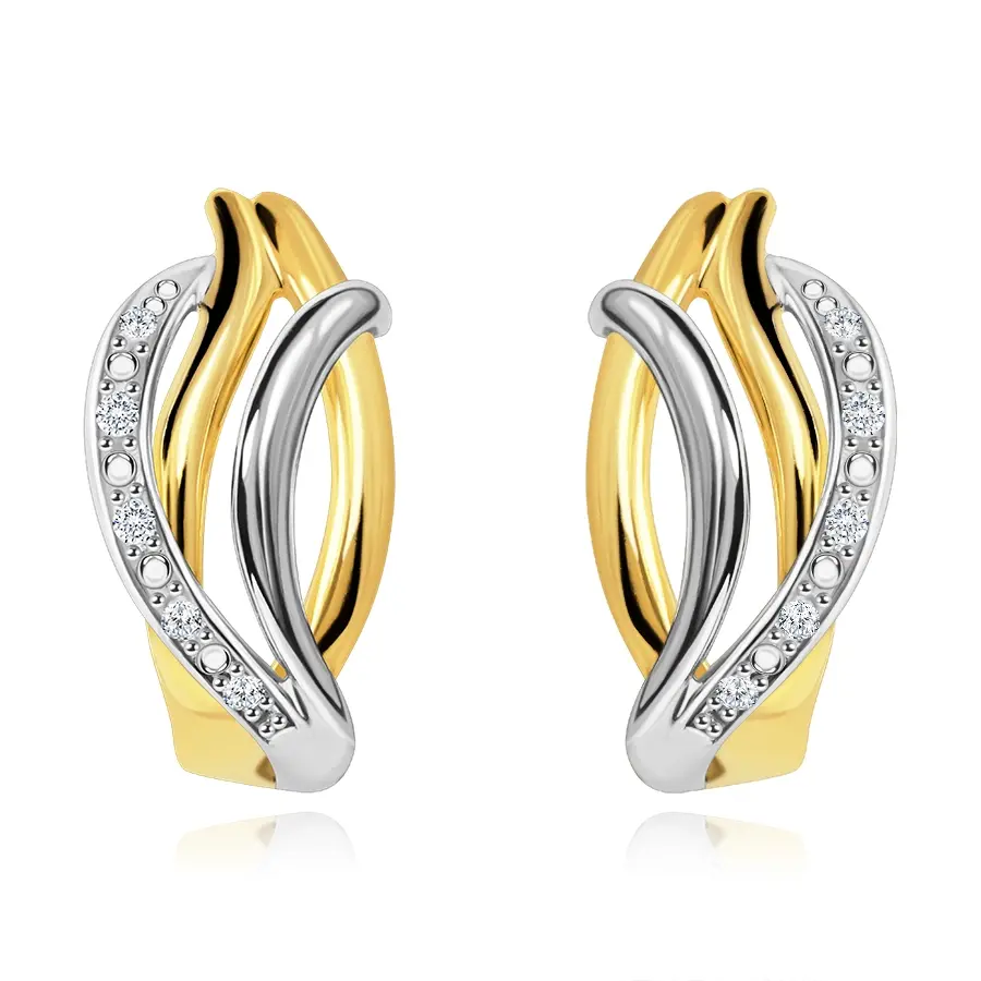 Zlaté náušnice 9K prepletené oblúky s čírymi zirkónmi