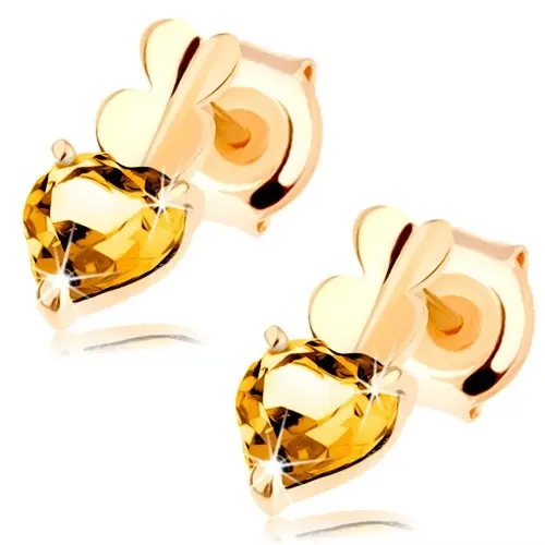 Náušnice zo žltého 14K zlata s tromi srdcami a citrínom