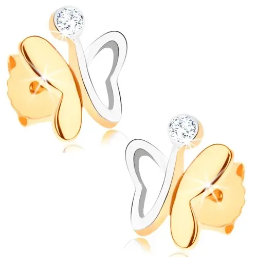Náušnice z 9K kombinovaného zlata motýľ s čírym zirkónom