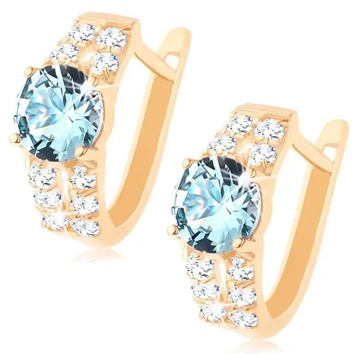 Náušnice zo žltého 14K zlata - zvislé trblietavé línie, svetlomodrý okrúhly zirkón