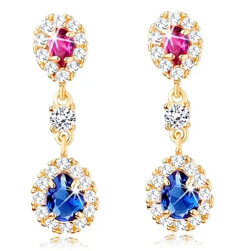 Zlaté náušnice 14K s ružovou a modrou zirkónovou kvapkou