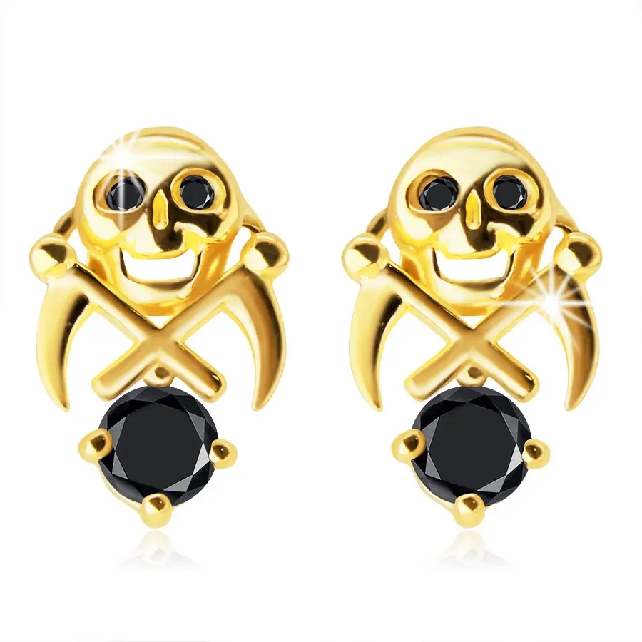 Zlaté 375 náušnice - lebka s dvoma kosami, zirkóny v čiernom odtieni