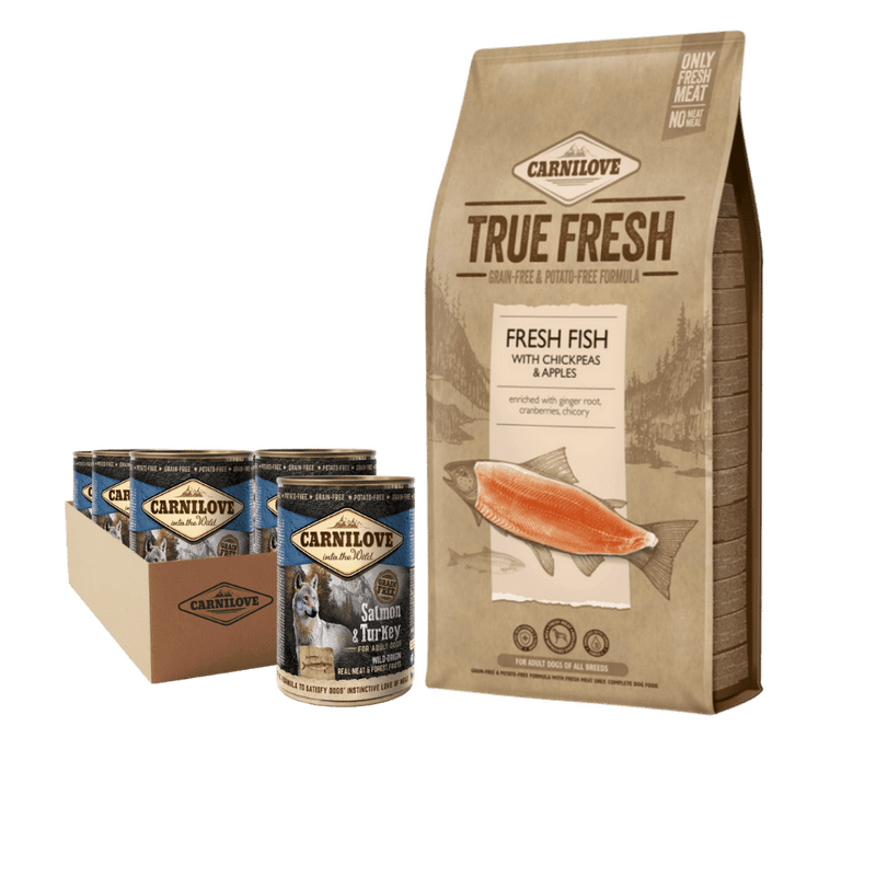 Carnilove True Fresh - Fresh Fish with Chickpeas and Apples 11,4 kg + 6 x Carnilove Wild Meat Salmon & Turkey 400g