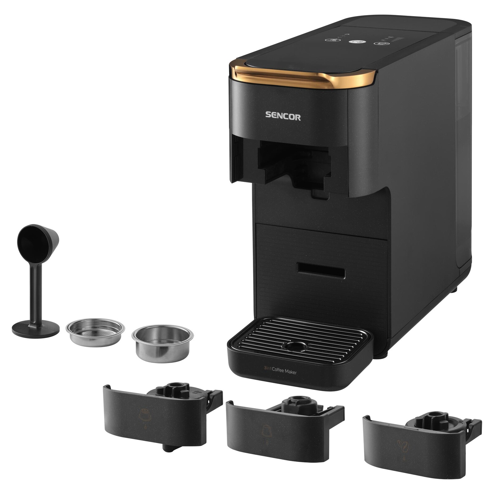 Sencor SCC 1000BK Multi-kapsulový kávovar 3 v 1 Tlak čerpadla 20 barov, Štíhly a kompaktný rozmer, LED panel s dotykovými tlačidlami, .