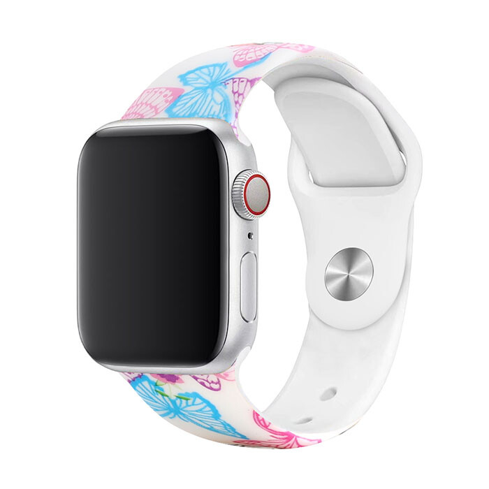 Remienok s potlačou na Apple Watch - Modré motýle Veľkosť: 42/44/45/46/49mm, Obvod: M-L (stredný až väčší obvod zápästia), Farba: Biela