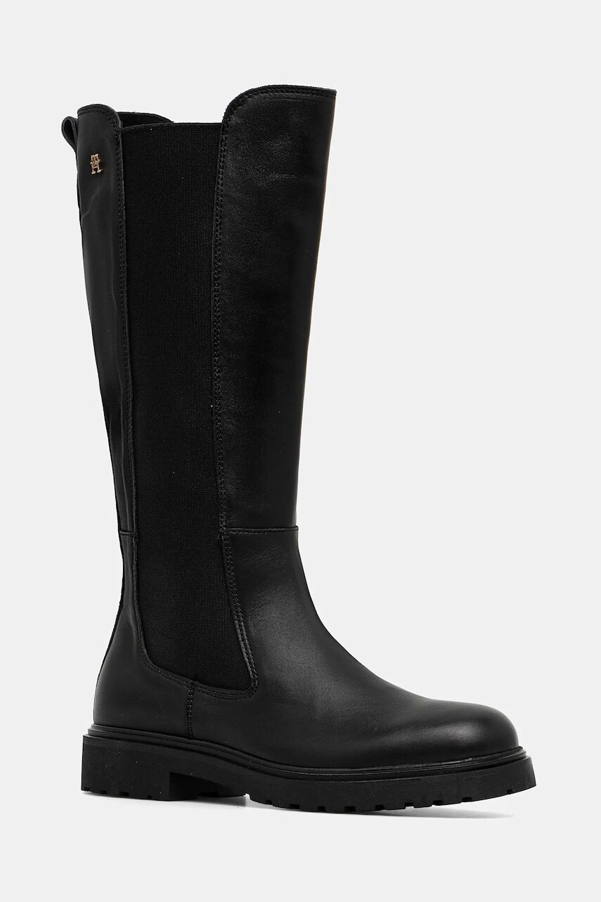 Kožené čižmy Tommy Hilfiger TH LTHR CLEATED LONG BOOT čierna farba, na plochom podpätku, FW0FW08985