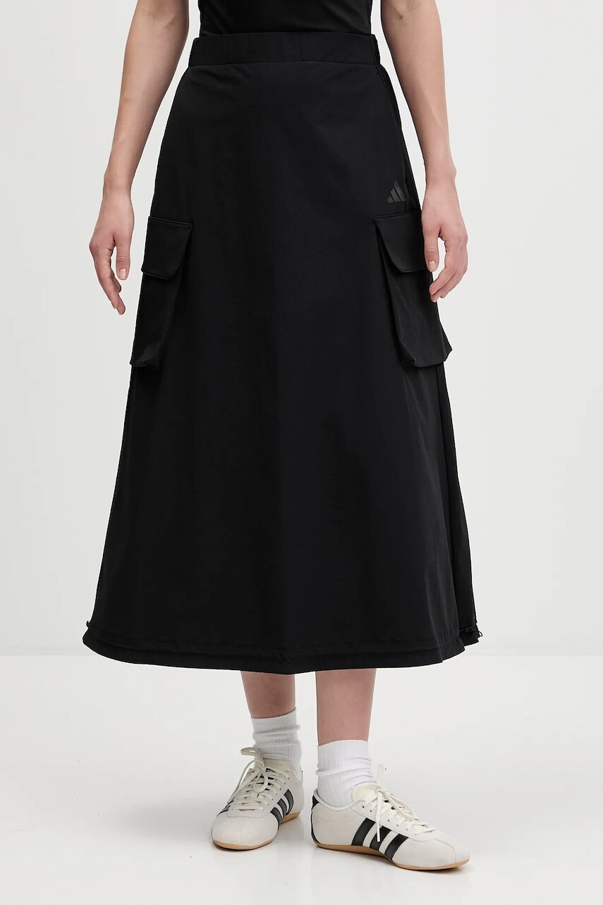 Sukňa adidas City Tech čierna farba, midi, áčkový strih, JM8438