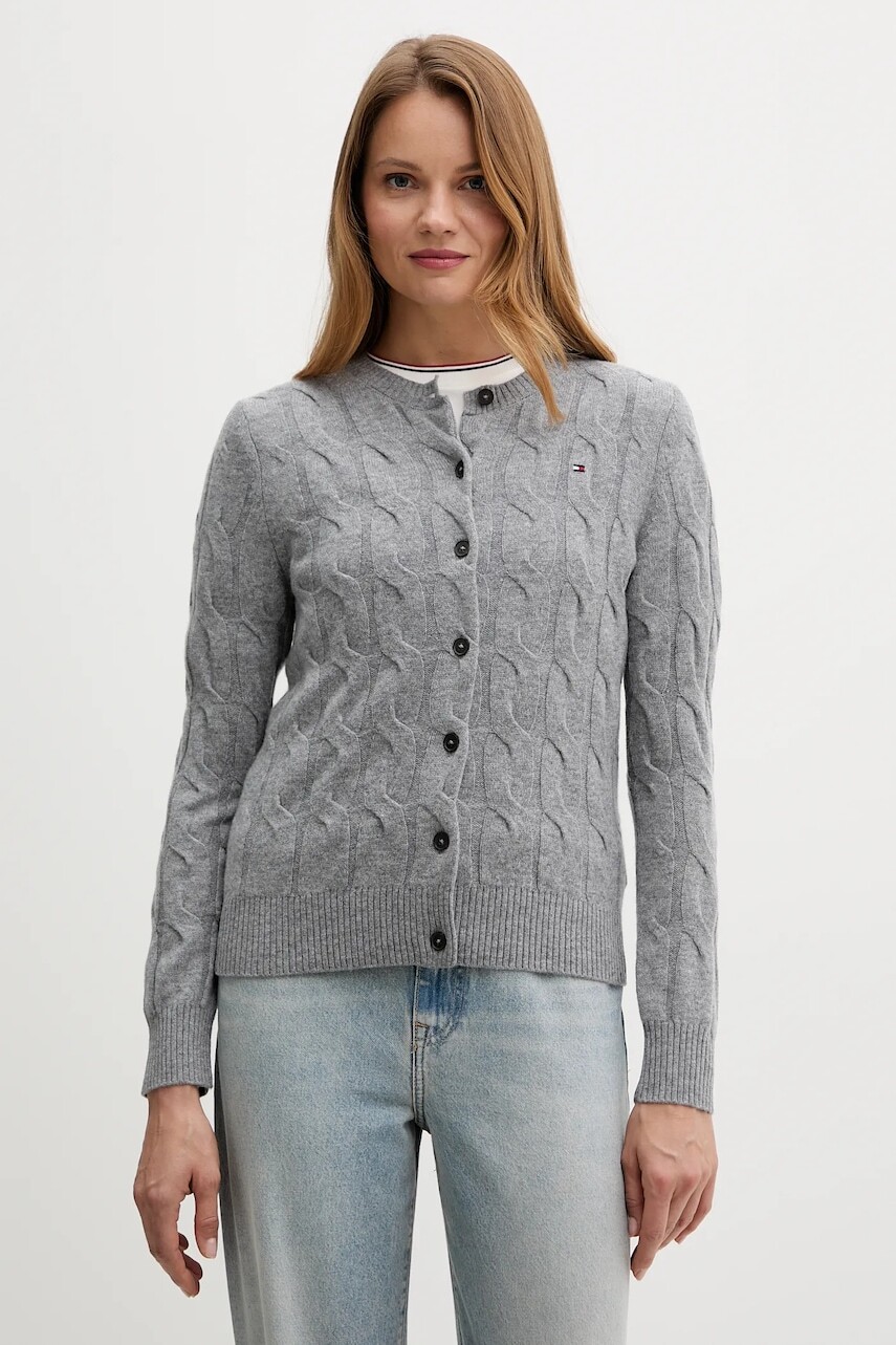 Vlnený kardigán Tommy Hilfiger šedá farba, WW0WW47463