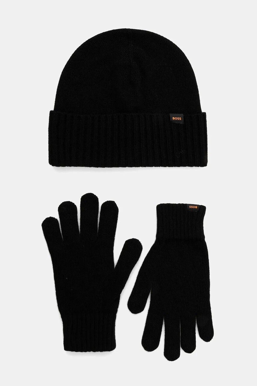 Vlnená čiapka a rukavice BOSS Orange 2-pak čierna farba, 50551225