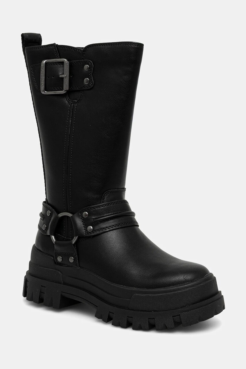 Členkové topánky Buffalo Aspha Biker Boot Hi čierna farba, na plochom podpätku, zateplené, 1270123-BLK