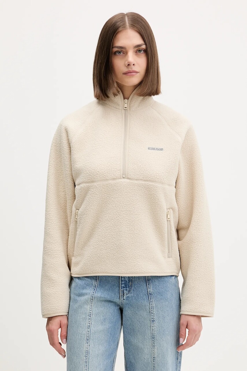Fleecová mikina Guess Jeans béžová farba, jednofarebná, W5BQ18 K1042