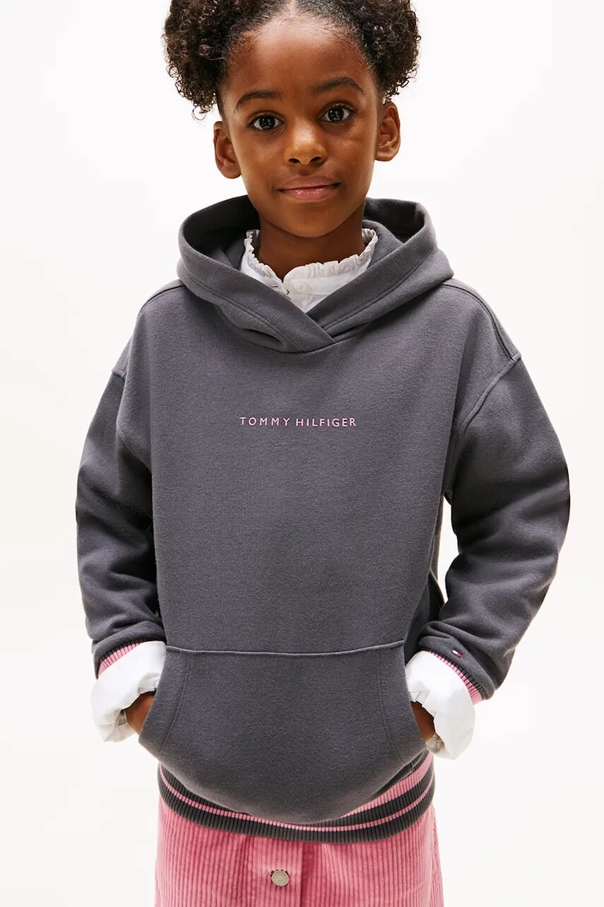 Detská mikina Tommy Hilfiger šedá farba, s kapucňou, s potlačou, KG0KG08885