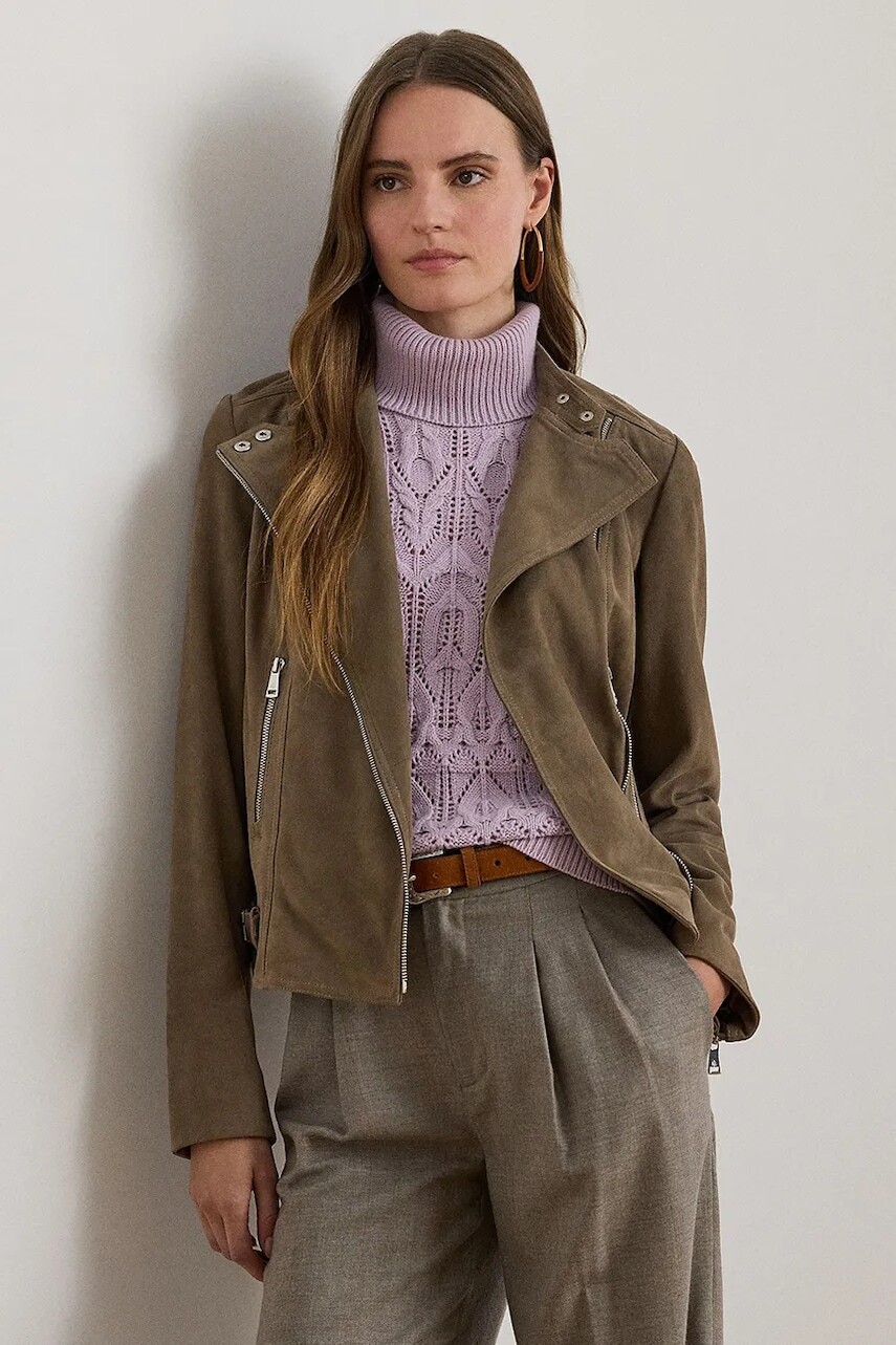 Kožená motorkárska bunda Lauren Ralph Lauren hnedá farba, prechodná, 200951236