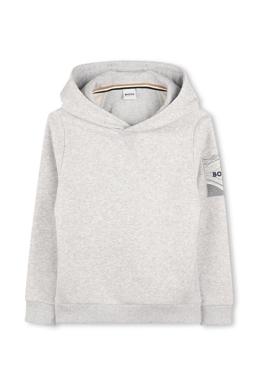 Detská mikina BOSS šedá farba, s kapucňou, melanžová, J52354