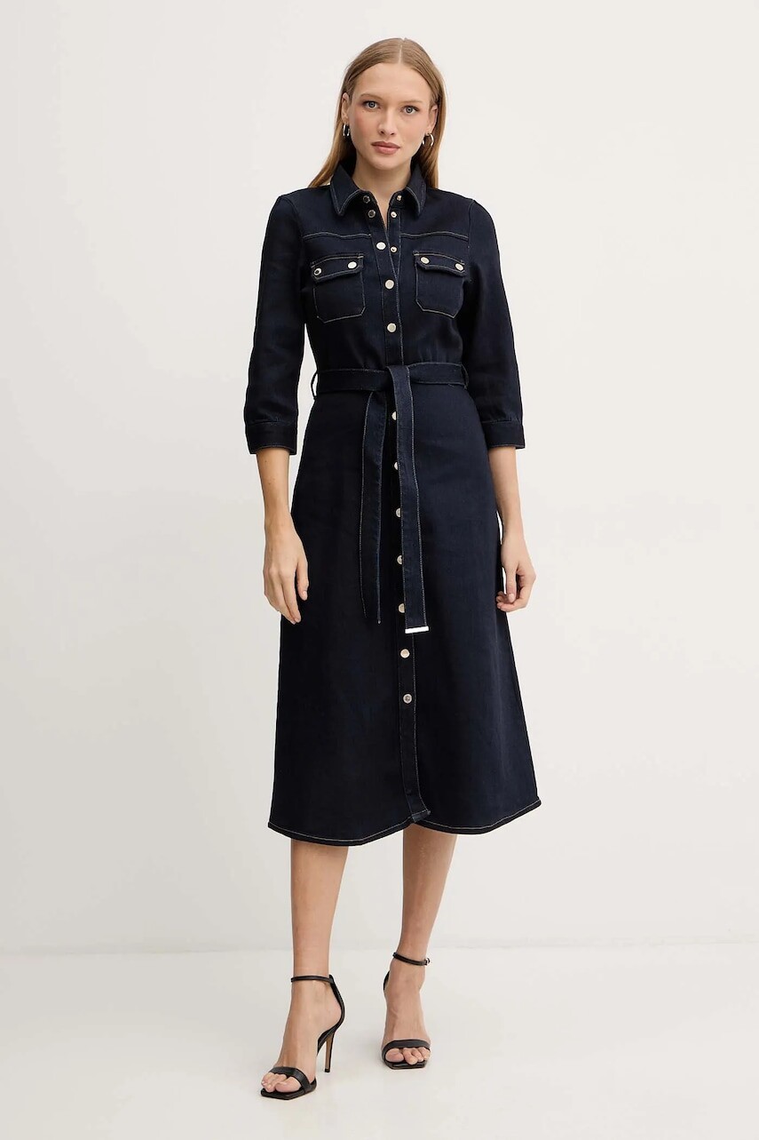 Rifľové šaty Morgan tmavomodrá farba, midi, áčkový strih, RJEANA