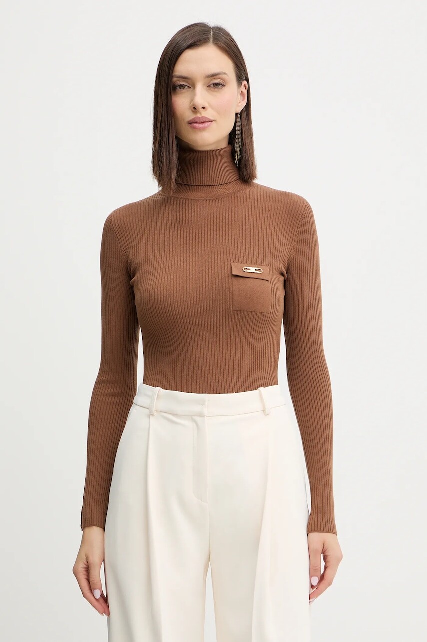 Sveter s prímesou hodvábu Elisabetta Franchi hnedá farba, ľahký, s rolákom, MK11B56E2