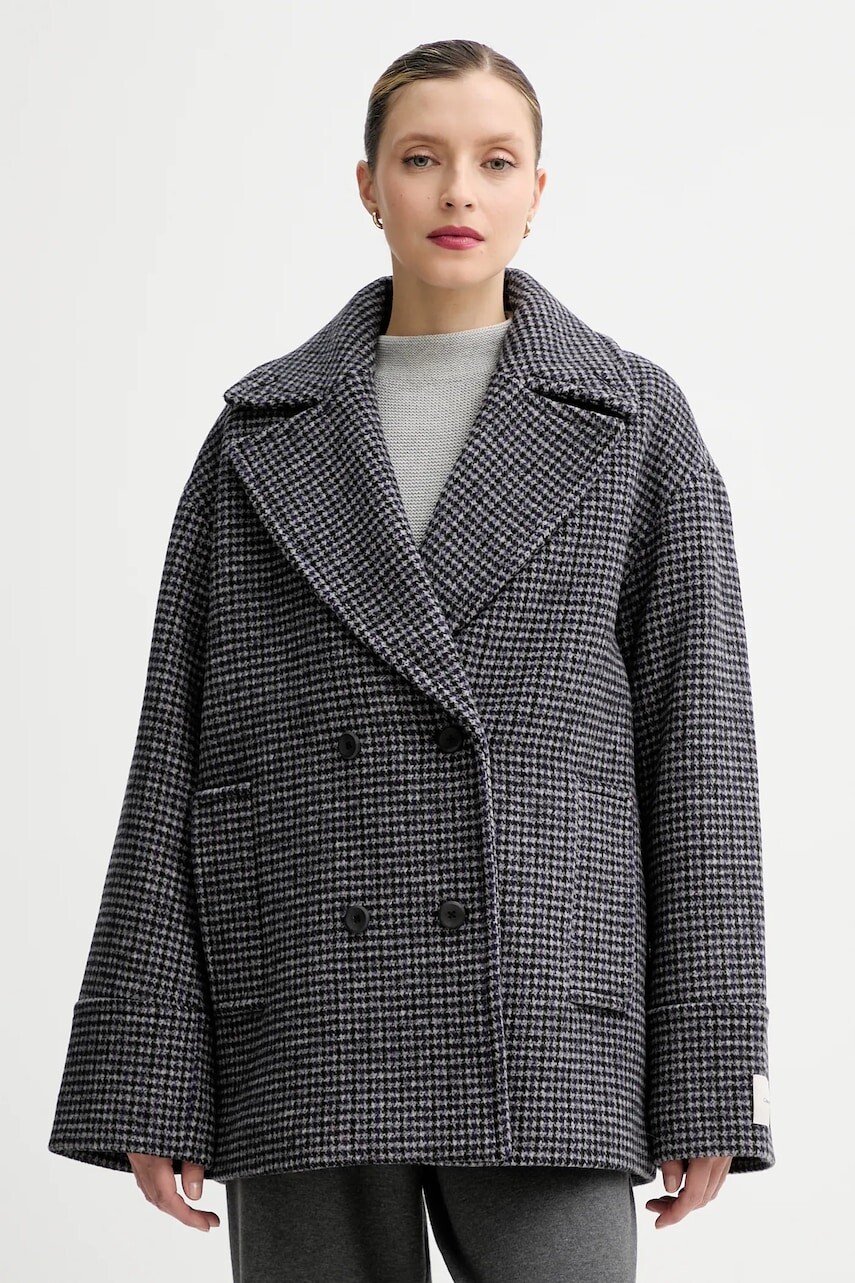 Kabát s prímesou vlny Calvin Klein šedá farba, LV044D531G