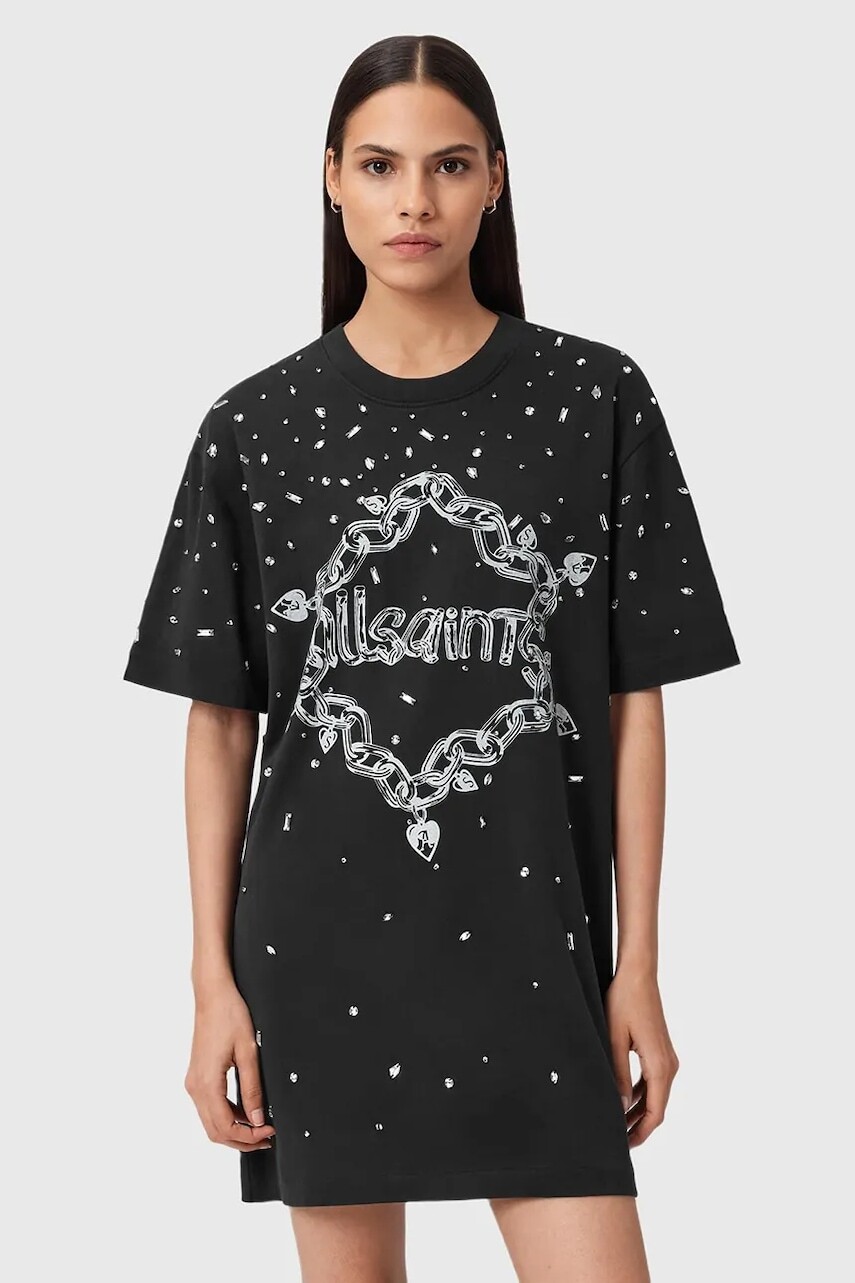Bavlnené šaty AllSaints DRIP čierna farba, mini, oversize, W082DD