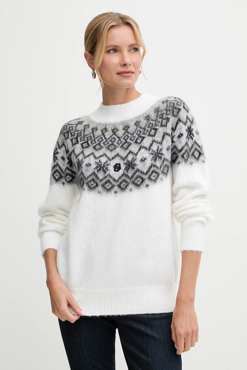 Sveter s prímesou vlny BOSS béžová farba, s polorolákom, 50549369