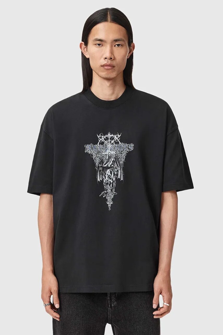 Bavlnené tričko AllSaints pánske, čierna farba, s potlačou, M030PD