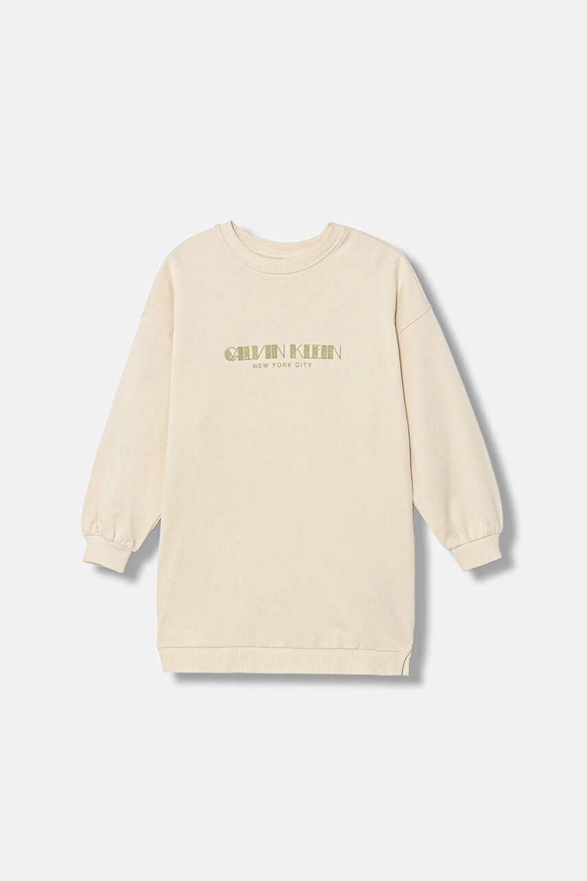 Dievčenské bavlnené šaty Calvin Klein Jeans béžová farba, mini, rovný strih, IG0IG03092