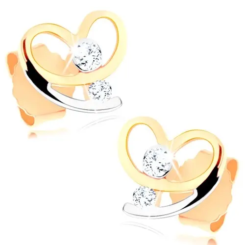 Náušnice z kombinovaného 9K zlata, asymetrické srdce s dvojitým ramenom, zirkóny